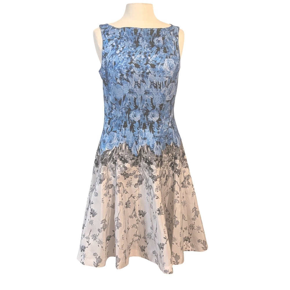 J Taylor Blue Grey Floral Fit and Flare Dress 10 Feminine Cocktail Elegant Fairy - Picture 2 of 11